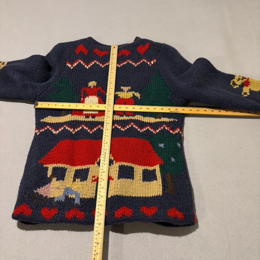 Hand Knit Folk Art Intarsia Cardigan Womens Medium Lined Navy Blue House Heart - Picture 6 of 6